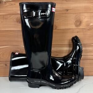 Hunter Original Tall Gloss Rain Boots Black Buckle Top Womens Size US 6 - EU 37